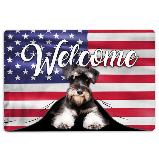 Miniature Schnauzer Welcome Doormat, Funny Miniature Schnauzer Welcome American Flag USA Patriotic Welcome Doormat, Pets Home Decor Door Mat