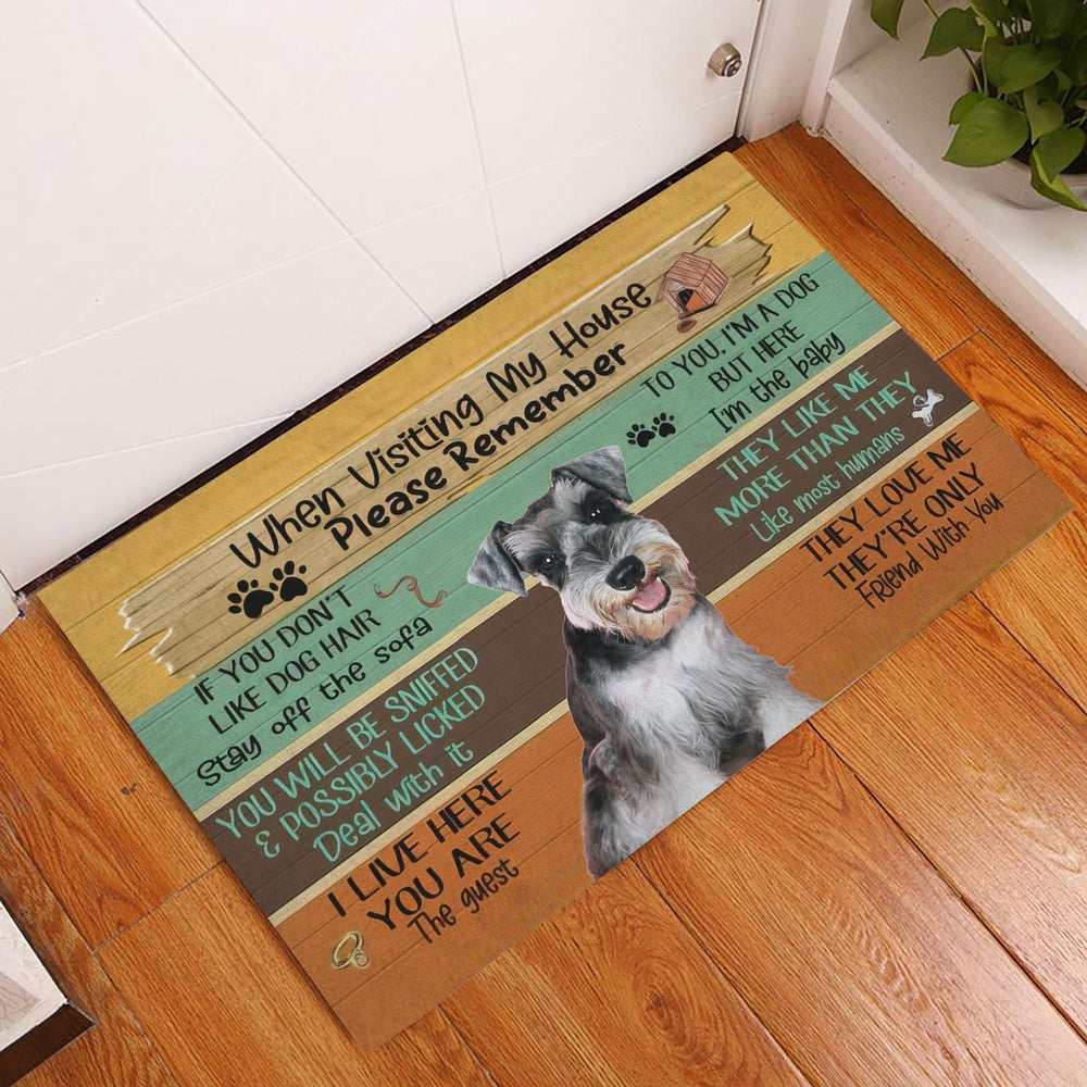 Miniature Schnauzer Welcome Doormat, Visiting My House Please Remember Miniature Schnauzer Dog Rules Welcome, Pets Home Decor Door Mat