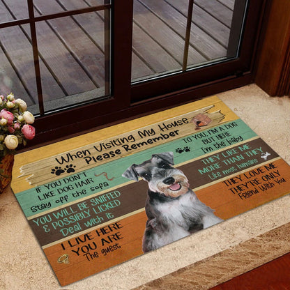 Miniature Schnauzer Welcome Doormat, Visiting My House Please Remember Miniature Schnauzer Dog Rules Welcome, Pets Home Decor Door Mat