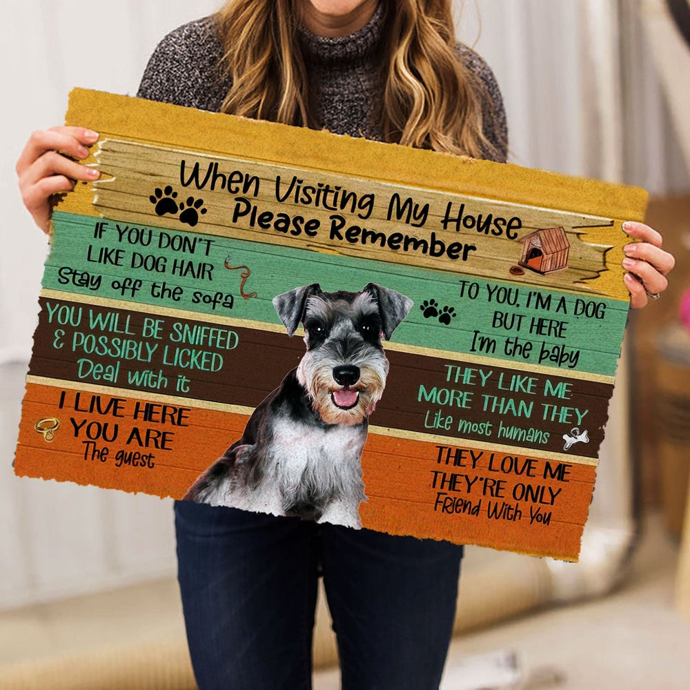 Miniature Schnauzer Welcome Doormat, Visiting My House Please Remember Miniature Schnauzer Dog Rules Welcome, Pets Home Decor Door Mat
