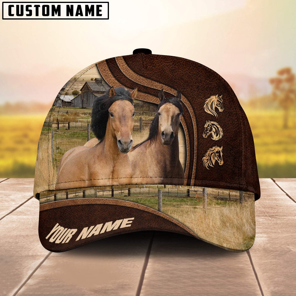 Mustang Horses Dark Brown Pattern Customized Name Cap, Farmer Cap, Cap For Farmers, Best Farm Hat, Farm Use Hat