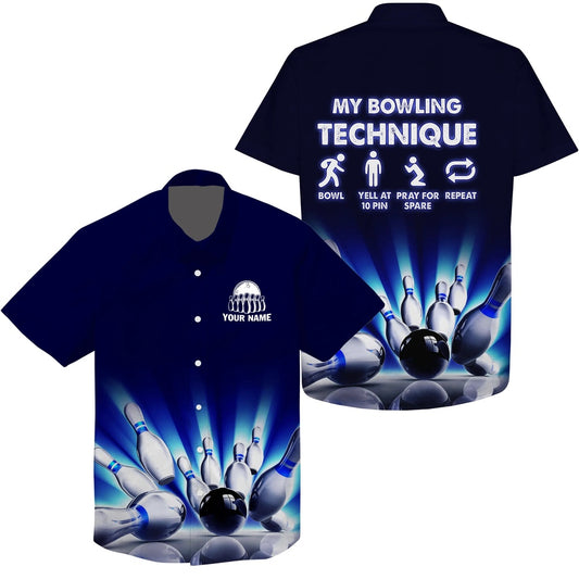 My Bowling Technique, Custom Name Funny Bowling Hawaiian Shirt, Personalized Team Bowling Hawaiians, Bowling Team Hawaiian