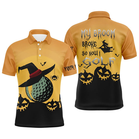 My Broom Broke So Now I Golf Orange Mens Halloween Polo Shirts Witch Scary Golf Gifts, Golf Polo Shirts