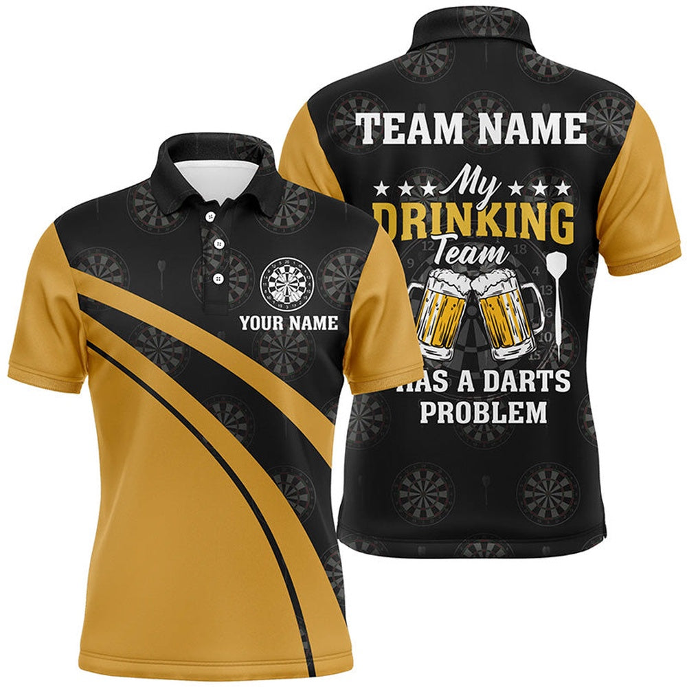 My Drinking Team Beer Darts Mens Polo Shirt Black Yellow Custom Darts Polo For Men, Darts Team Polo Shirt