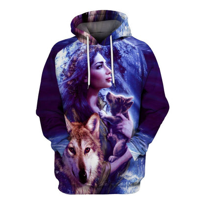 Native American Purple Girl Wolf All Over Print Hoodie, Native American Hoodie, 3D Native American Hoodie