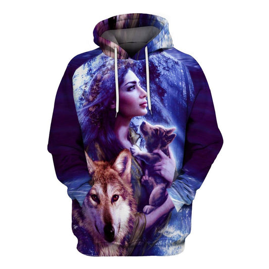 Native American Purple Girl Wolf All Over Print Hoodie, Native American Hoodie, 3D Native American Hoodie