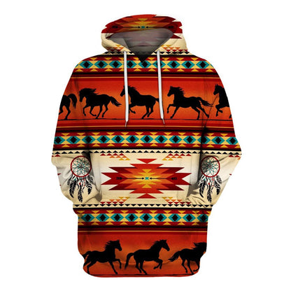 Native American Red Horses Motif All Over Print Hoodie, Native American Hoodie, 3D Native American Hoodie