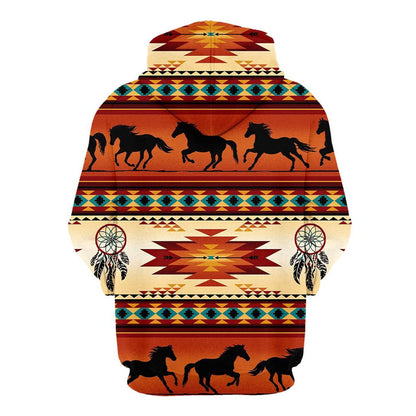 Native American Red Horses Motif All Over Print Hoodie, Native American Hoodie, 3D Native American Hoodie