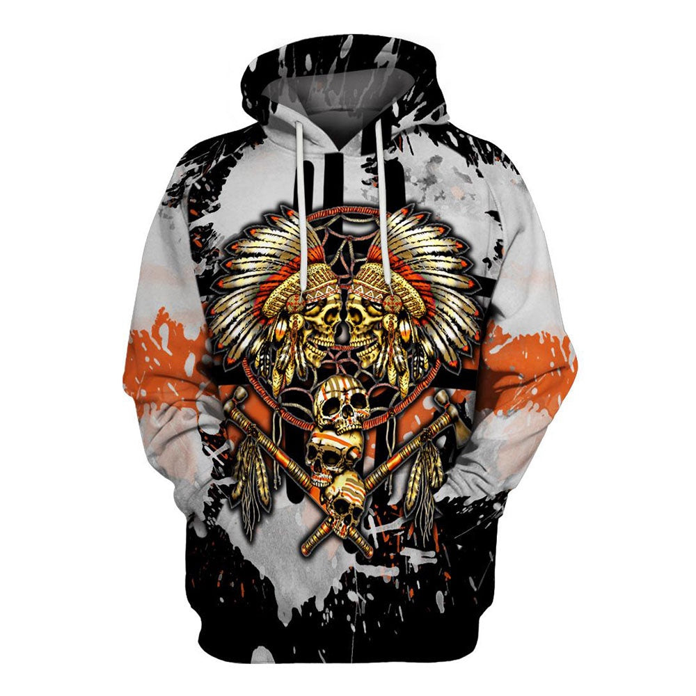 Native American Skull Black White All Over Print Hoodie, Native American Hoodie, 3D Native American Hoodie