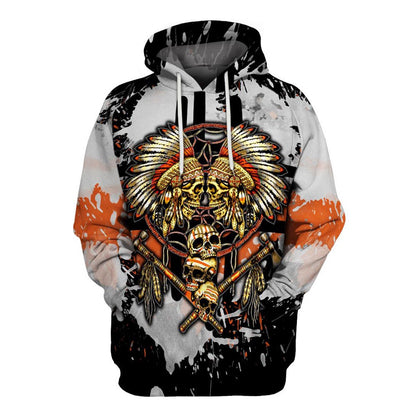 Native American Skull Black White All Over Print Hoodie, Native American Hoodie, 3D Native American Hoodie