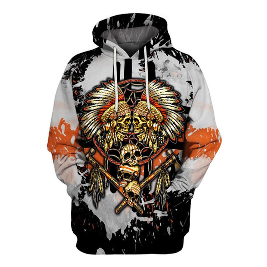 Native American Skull Black White All Over Print Hoodie, Native American Hoodie, 3D Native American Hoodie