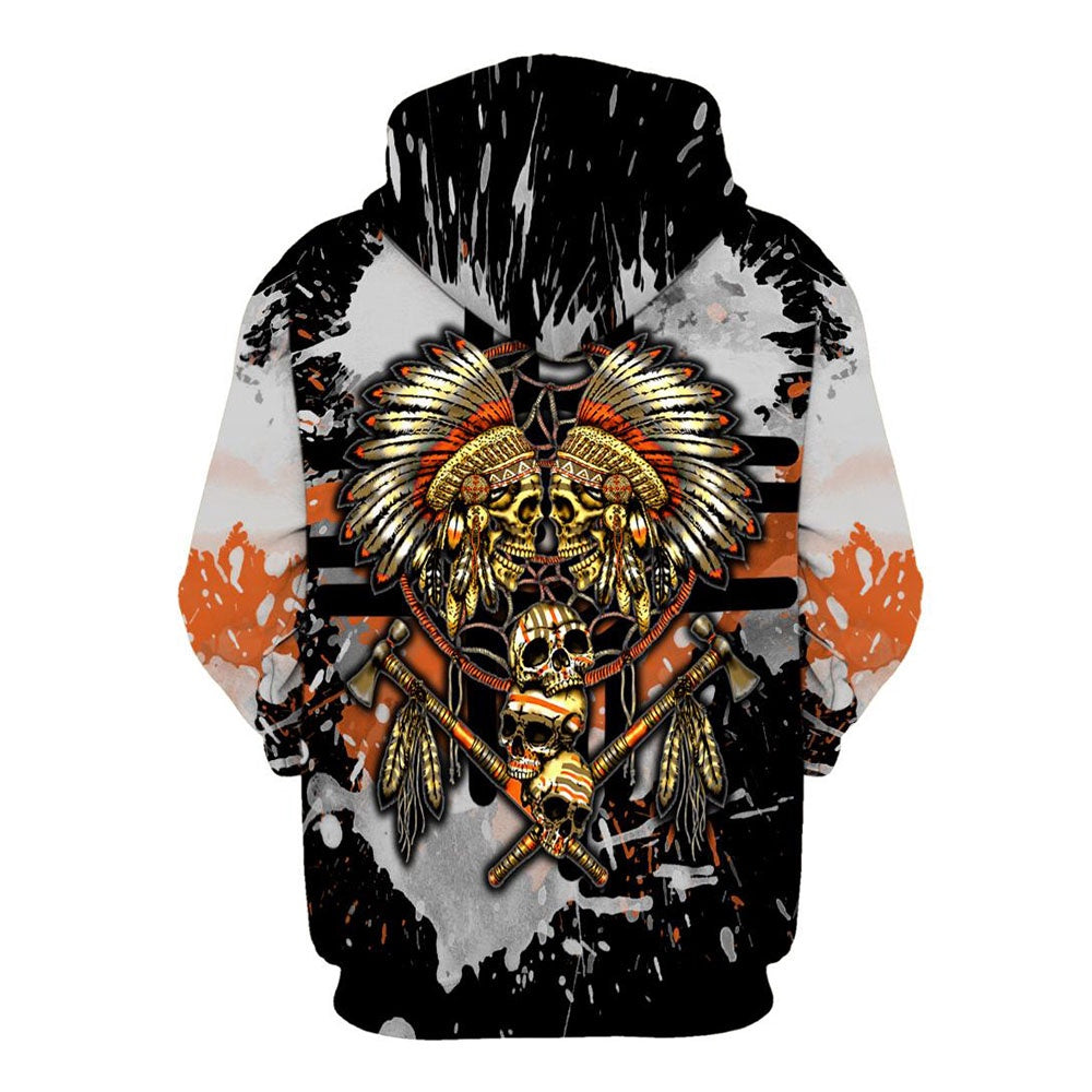 Native American Skull Black White All Over Print Hoodie, Native American Hoodie, 3D Native American Hoodie