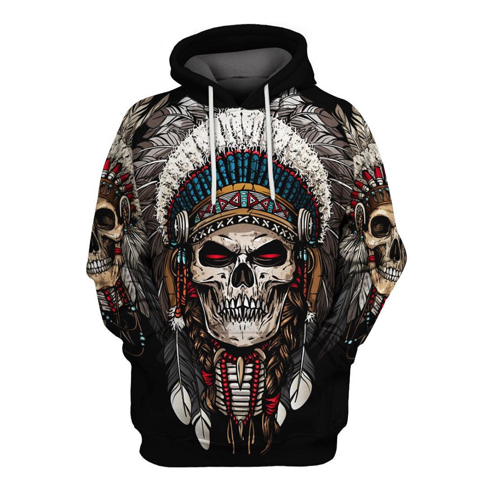 Native American Skull Feathers All Over Print Hoodie, Native American Hoodie, 3D Native American Hoodie