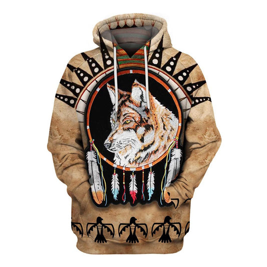 Native American Striped Wolf All Over Print Hoodie, Native American Hoodie, 3D Native American Hoodie