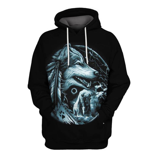 Native American The Fight Between Wolf And Buffalo All Over Print Hoodie, Native American Hoodie, 3D Native American Hoodie