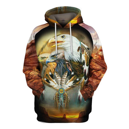 Native American Three Eagles All Over Print Hoodie, Native American Hoodie, 3D Native American Hoodie
