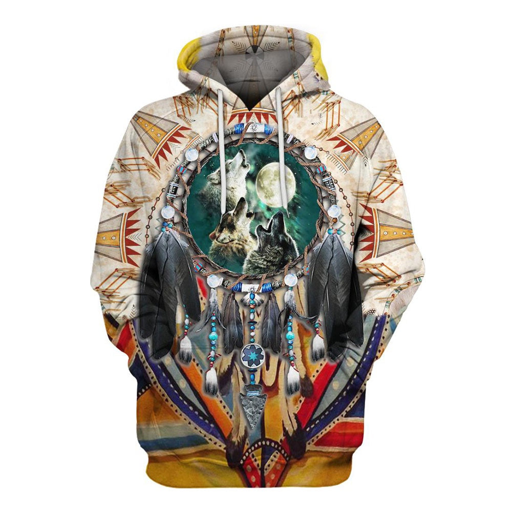 Native American Three Wolves Dreamcatcher All Over Print Hoodie, Native American Hoodie, 3D Native American Hoodie