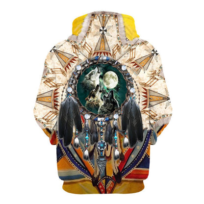 Native American Three Wolves Dreamcatcher All Over Print Hoodie, Native American Hoodie, 3D Native American Hoodie