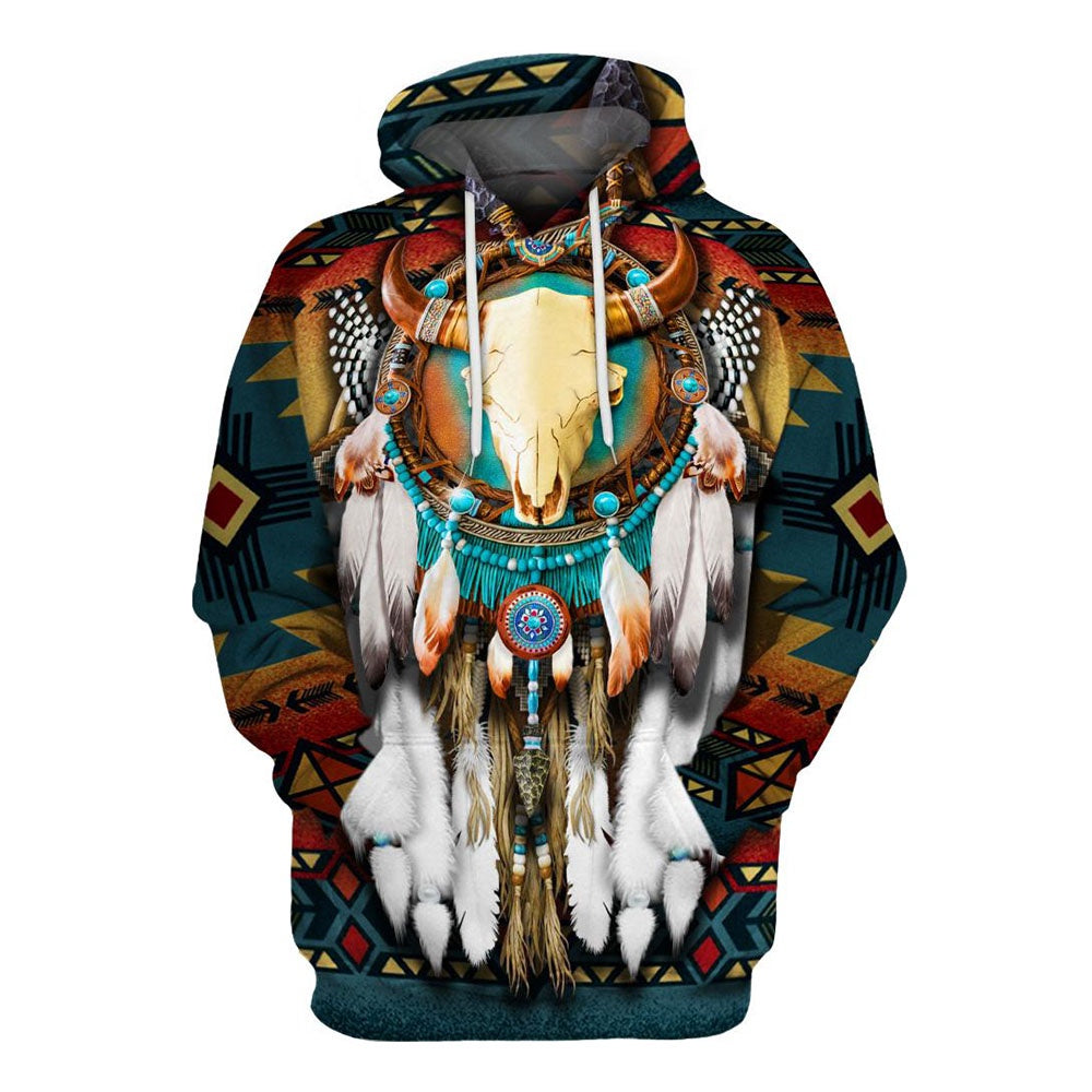 Native American Trail Of Bison Skull All Over Print Hoodie, Native American Hoodie, 3D Native American Hoodie