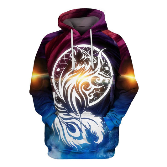 Native American White Circle Wolf All Over Print Hoodie, Native American Hoodie, 3D Native American Hoodie