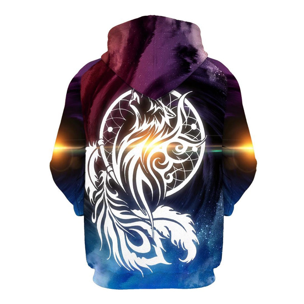 Native American White Circle Wolf All Over Print Hoodie, Native American Hoodie, 3D Native American Hoodie