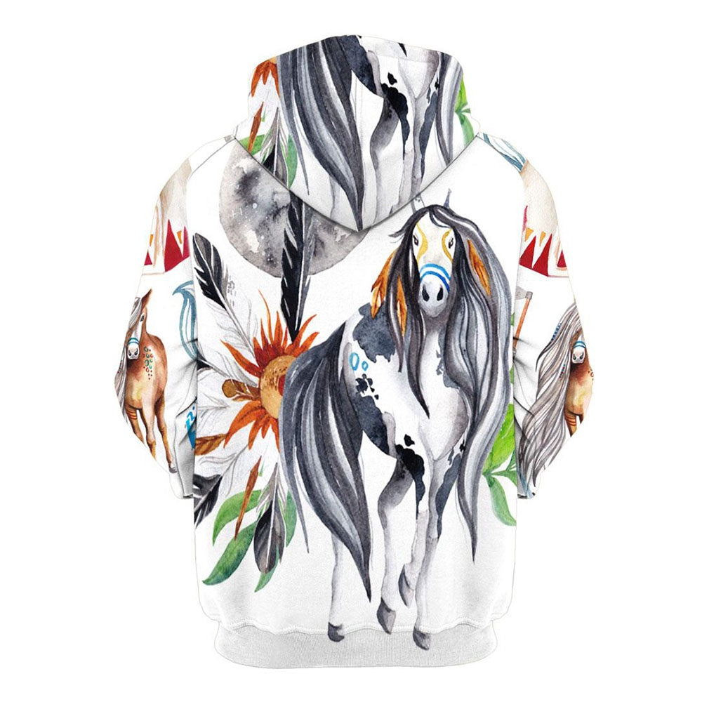 Native American White Horse All Over Print Hoodie, Native American Hoodie, 3D Native American Hoodie