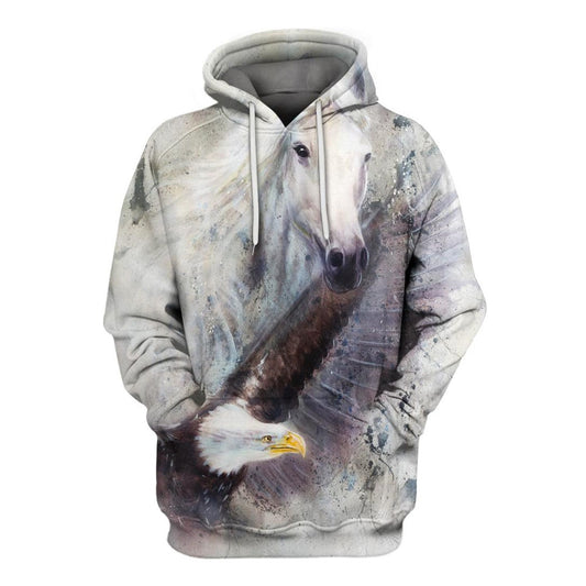 Native American White Horse And Eagle All Over Print Hoodie, Native American Hoodie, 3D Native American Hoodie