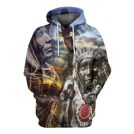 Native American White Horse Warrior All Over Print Hoodie, Native American Hoodie, 3D Native American Hoodie