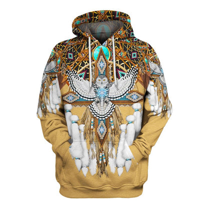 Native American White Owl Feathers All Over Print Hoodie, Native American Hoodie, 3D Native American Hoodie