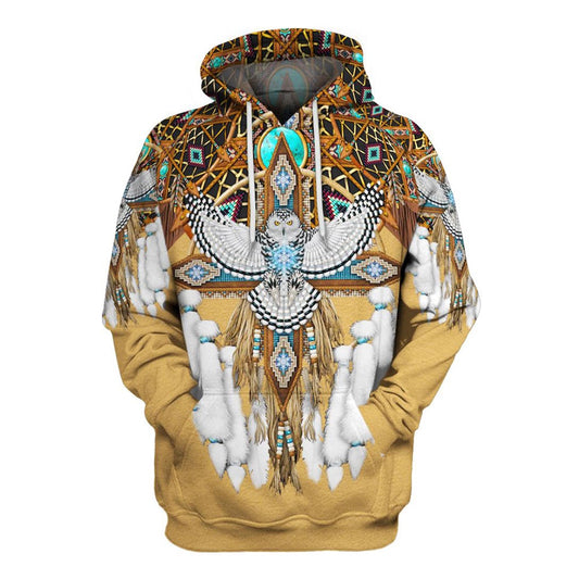 Native American White Owl Feathers All Over Print Hoodie, Native American Hoodie, 3D Native American Hoodie