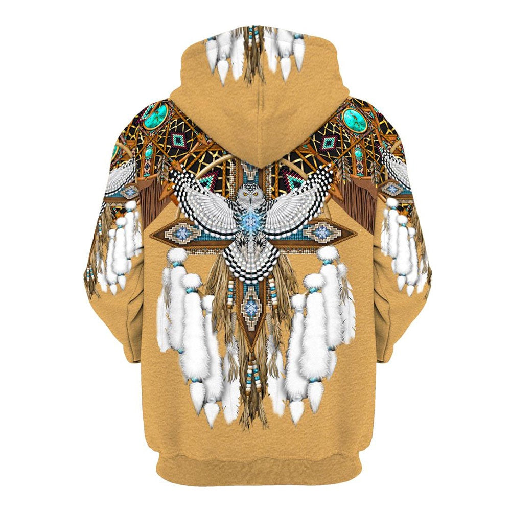 Native American White Owl Feathers All Over Print Hoodie, Native American Hoodie, 3D Native American Hoodie