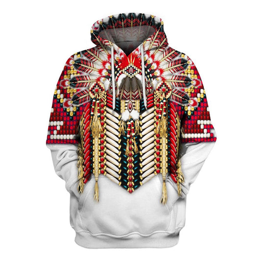 Native American White Red Pattern All Over Print Hoodie, Native American Hoodie, 3D Native American Hoodie