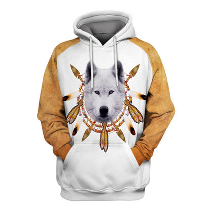 Native American White Wolf All Over Print Hoodie, Native American Hoodie, 3D Native American Hoodie