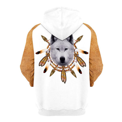 Native American White Wolf All Over Print Hoodie, Native American Hoodie, 3D Native American Hoodie