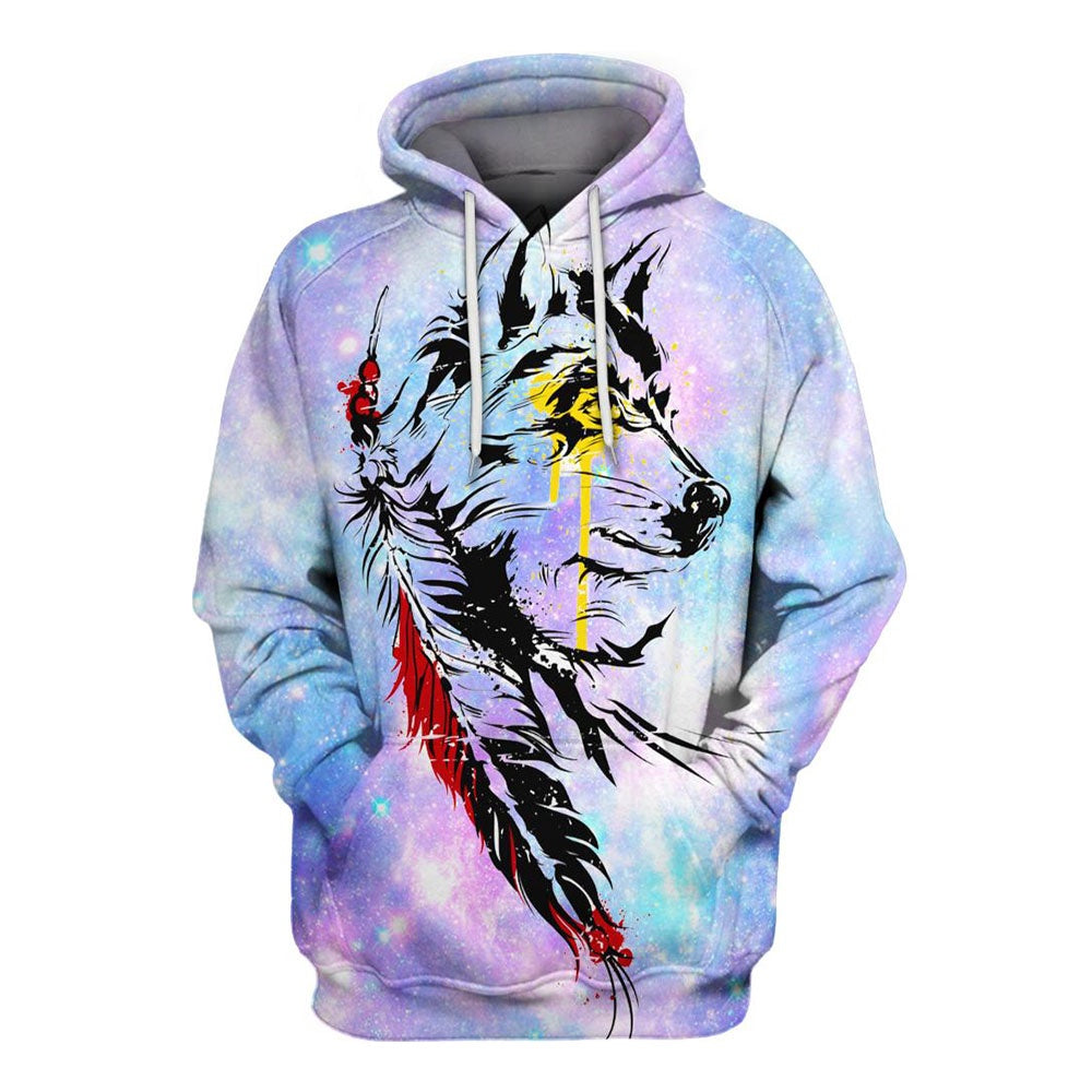 Native American Yellow Eyes Wolf All Over Print Hoodie, Native American Hoodie, 3D Native American Hoodie