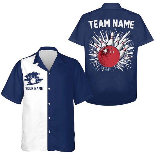 Navy Blueand Whiteretro Bowling Hawaiian Shirts, Custom Team Bowling Button Up Shirts, Bowling Team Hawaiian