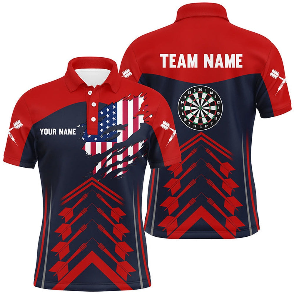 Navy Red Us Flag Mens Darts Polo Shirt Custom Patriotic Darts Shirt For Men Dart Polo, Darts Team Polo Shirt