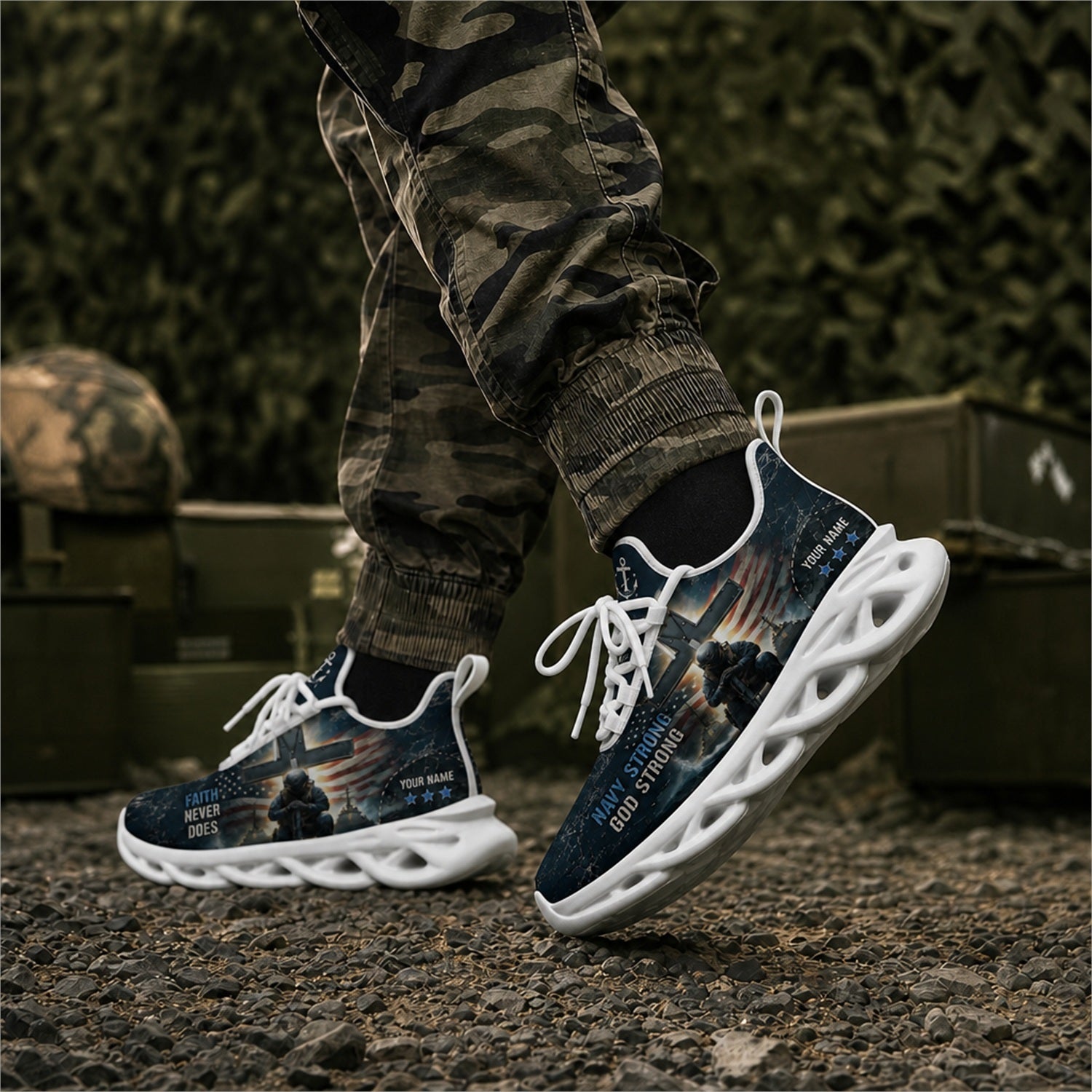 Custom Name Navy Strong God Strong Max Soul Shoes, Veteran Sneaker