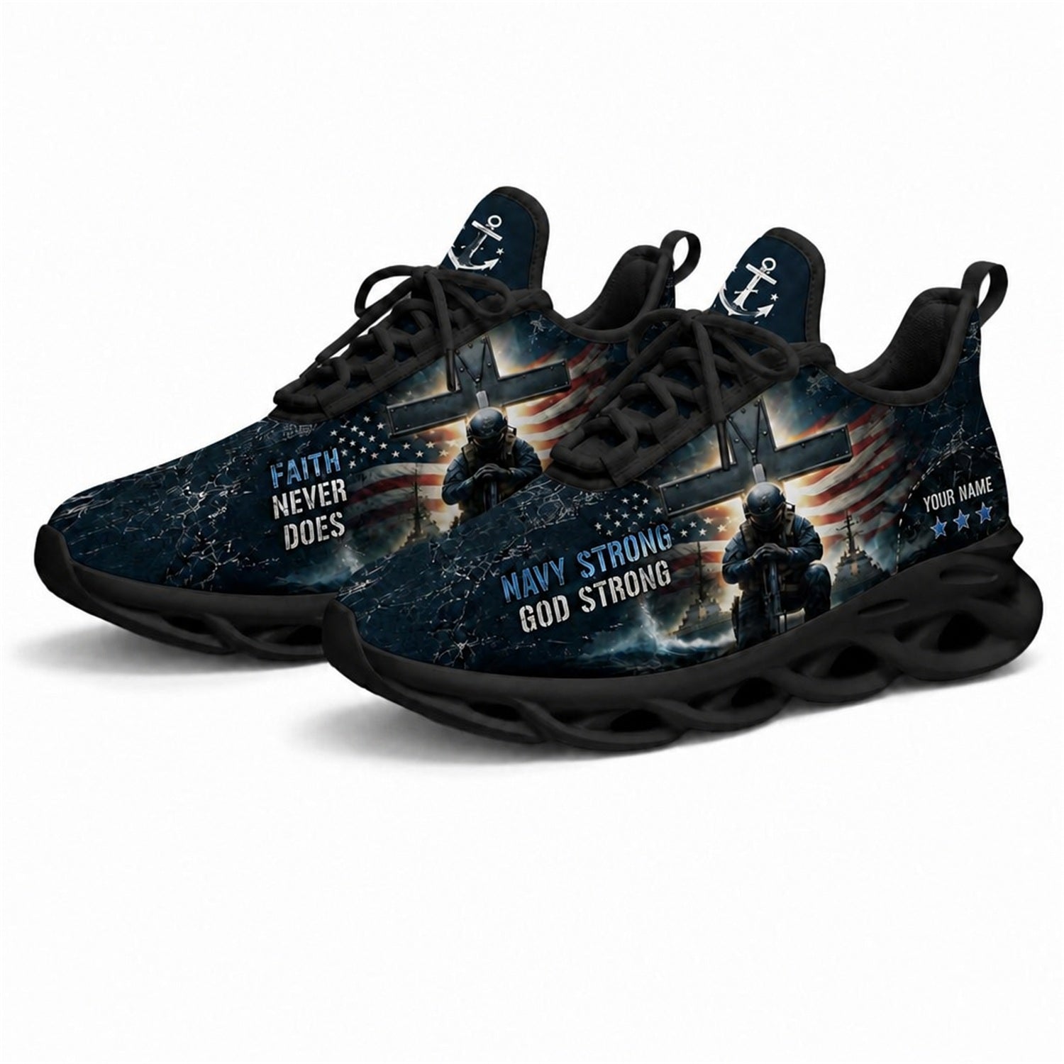Custom Name Navy Strong God Strong Max Soul Shoes, Veteran Sneaker