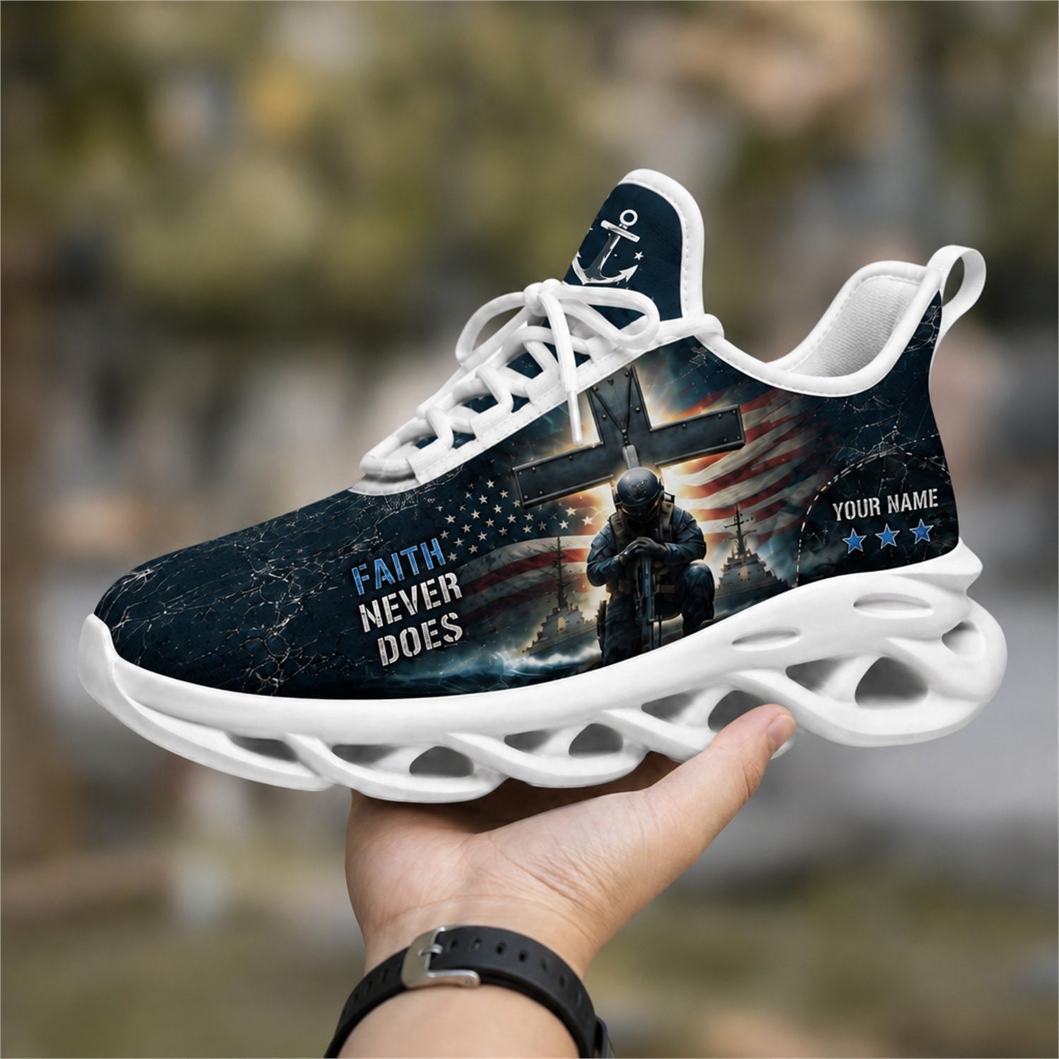 Custom Name Navy Strong God Strong Max Soul Shoes, Veteran Sneaker