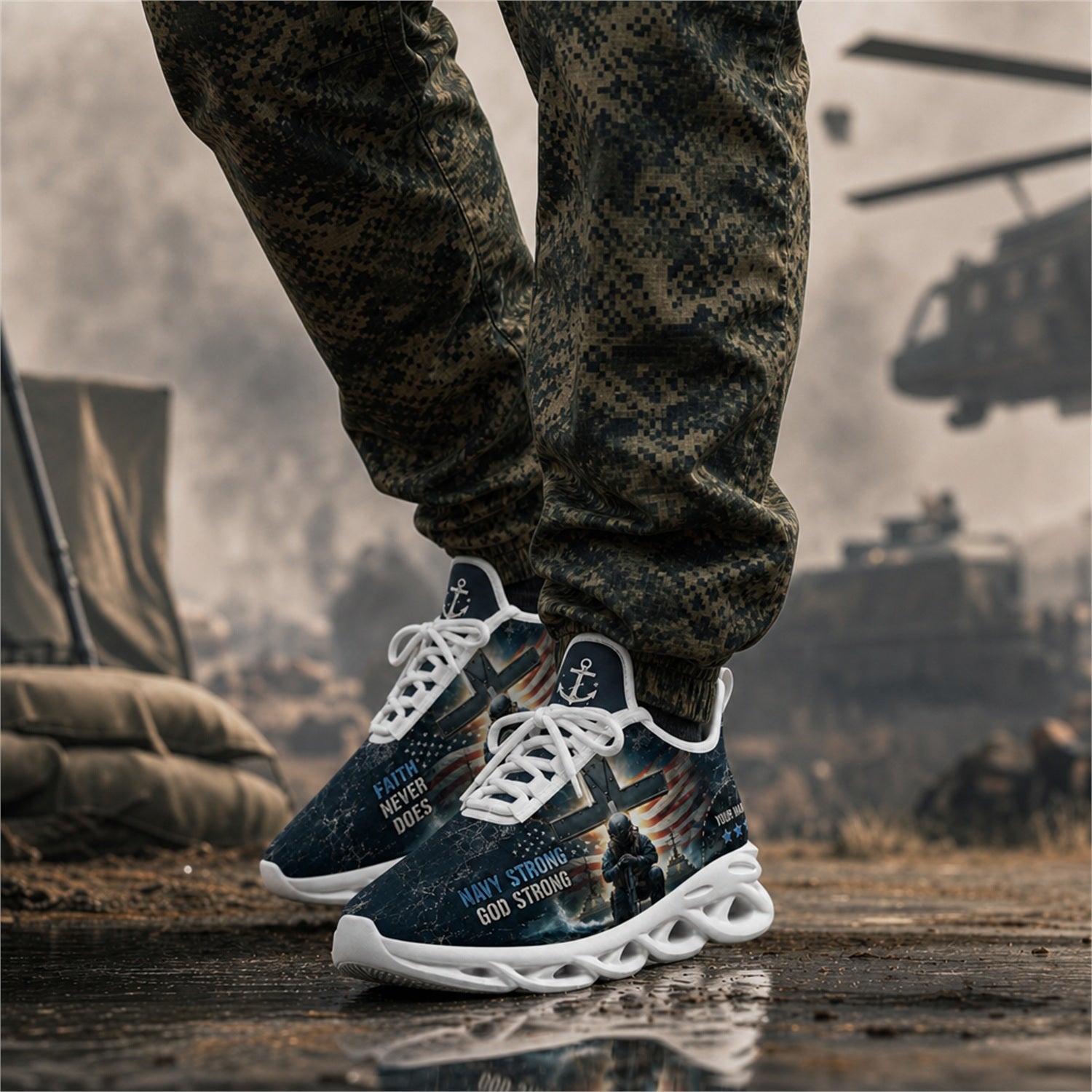 Custom Name Navy Strong God Strong Max Soul Shoes, Veteran Sneaker