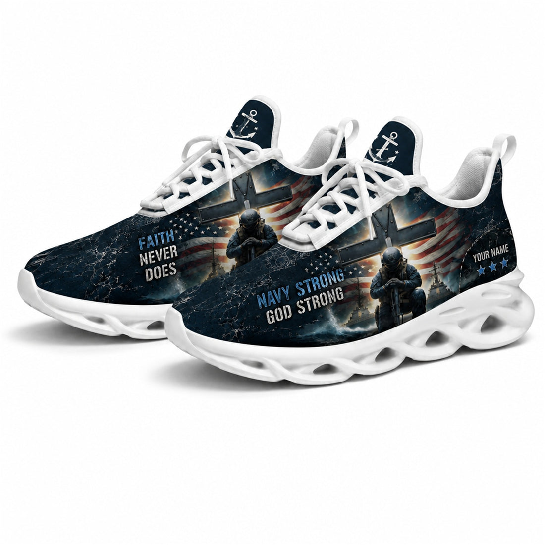 Custom Name Navy Strong God Strong Max Soul Shoes, Veteran Sneaker