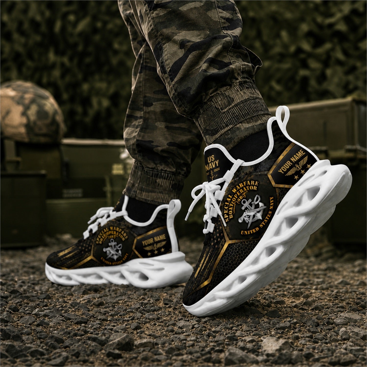 Custom Name Navy Veteran Skull Anchor Max Soul Shoes, Veteran Sneaker