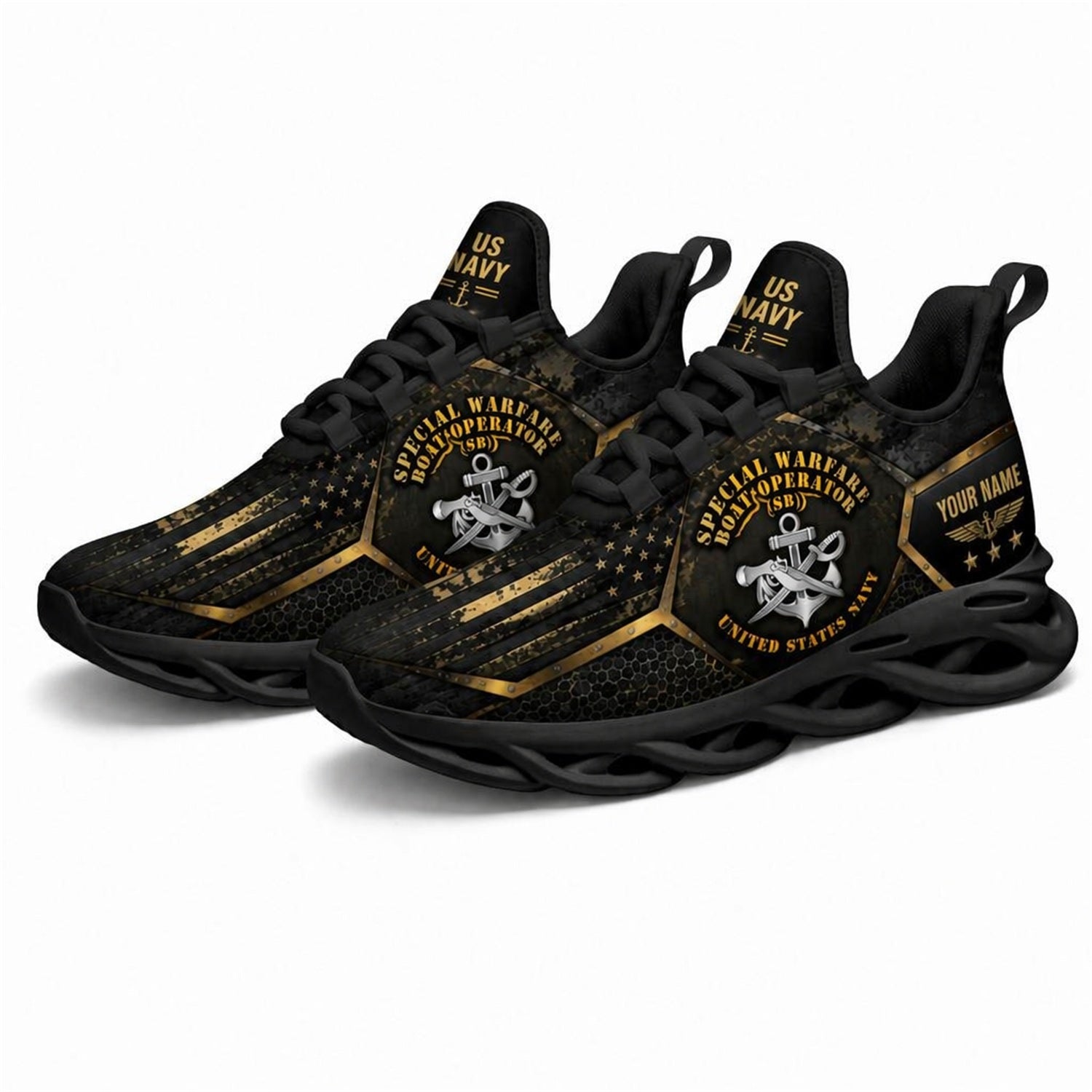 Custom Name Navy Veteran Skull Anchor Max Soul Shoes, Veteran Sneaker