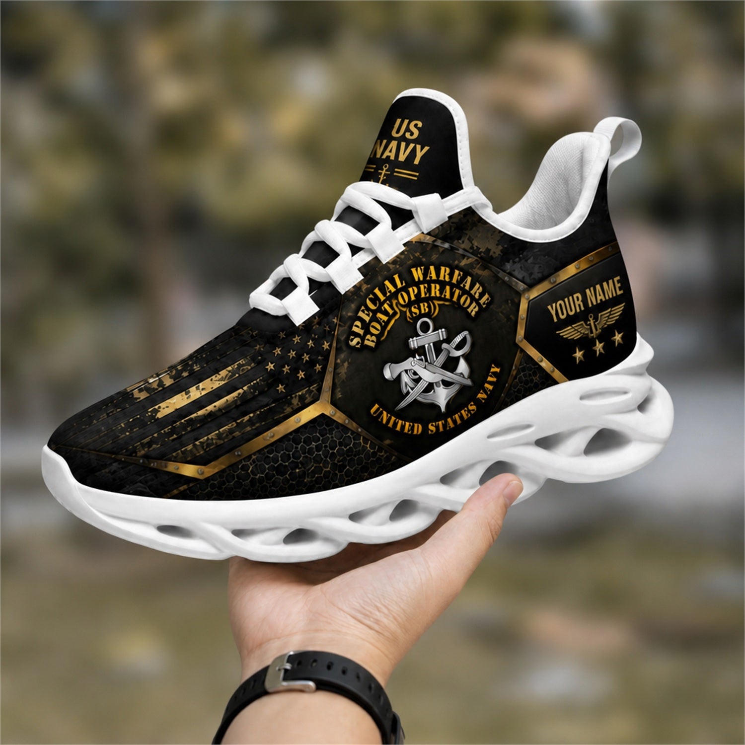 Custom Name Navy Veteran Skull Anchor Max Soul Shoes, Veteran Sneaker