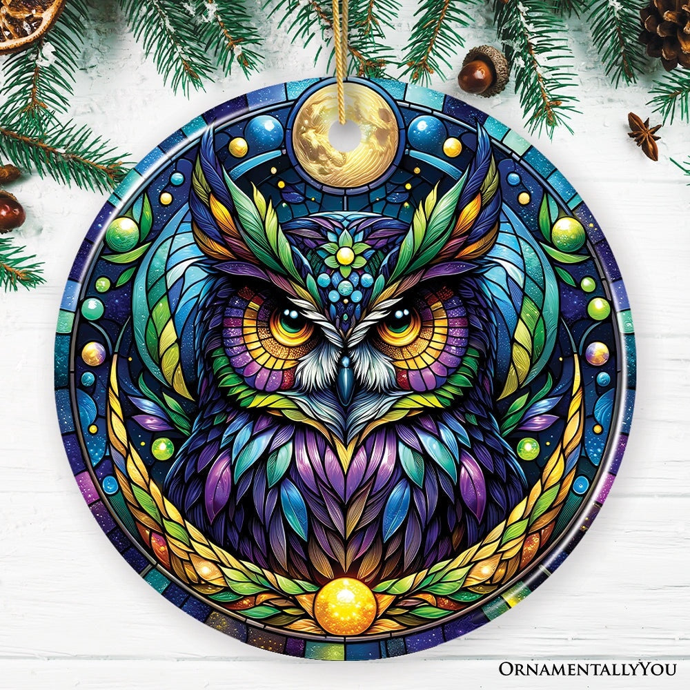 Nocturnal Enchanter Mysterious Owl Stained Glass Style Ceramic Ornament, Halloween Themed Christmas, Christmas Ornament