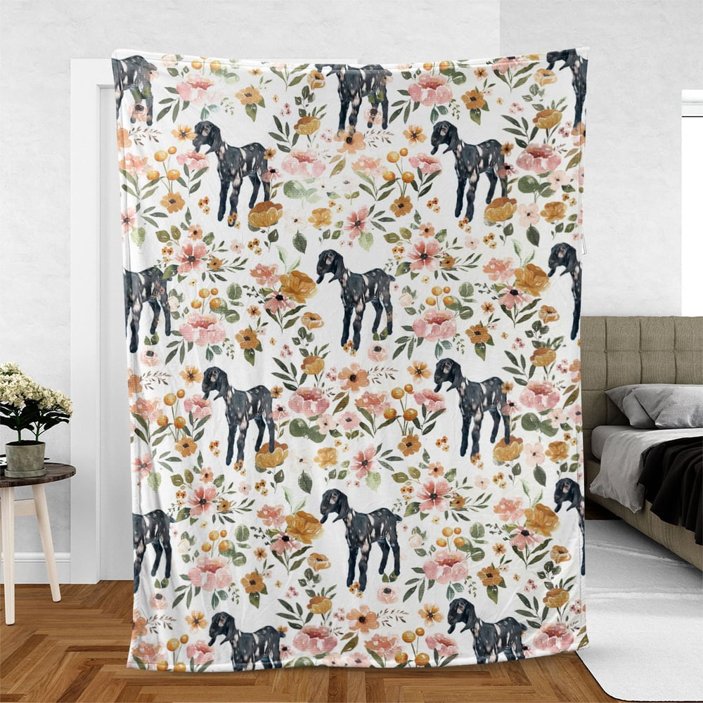 Nubian Goat 2 Floral Pattern Blanket, Farm Blanket, Farm Animal Blanket