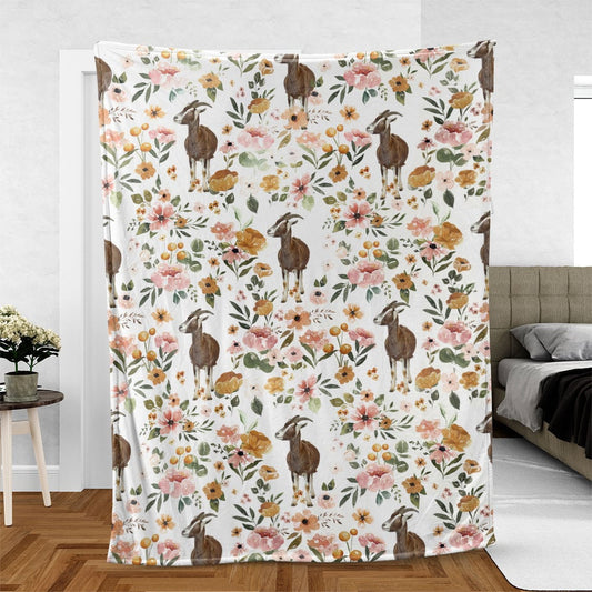 Nubian Goat Floral Pattern Blanket, Farm Blanket, Farm Animal Blanket