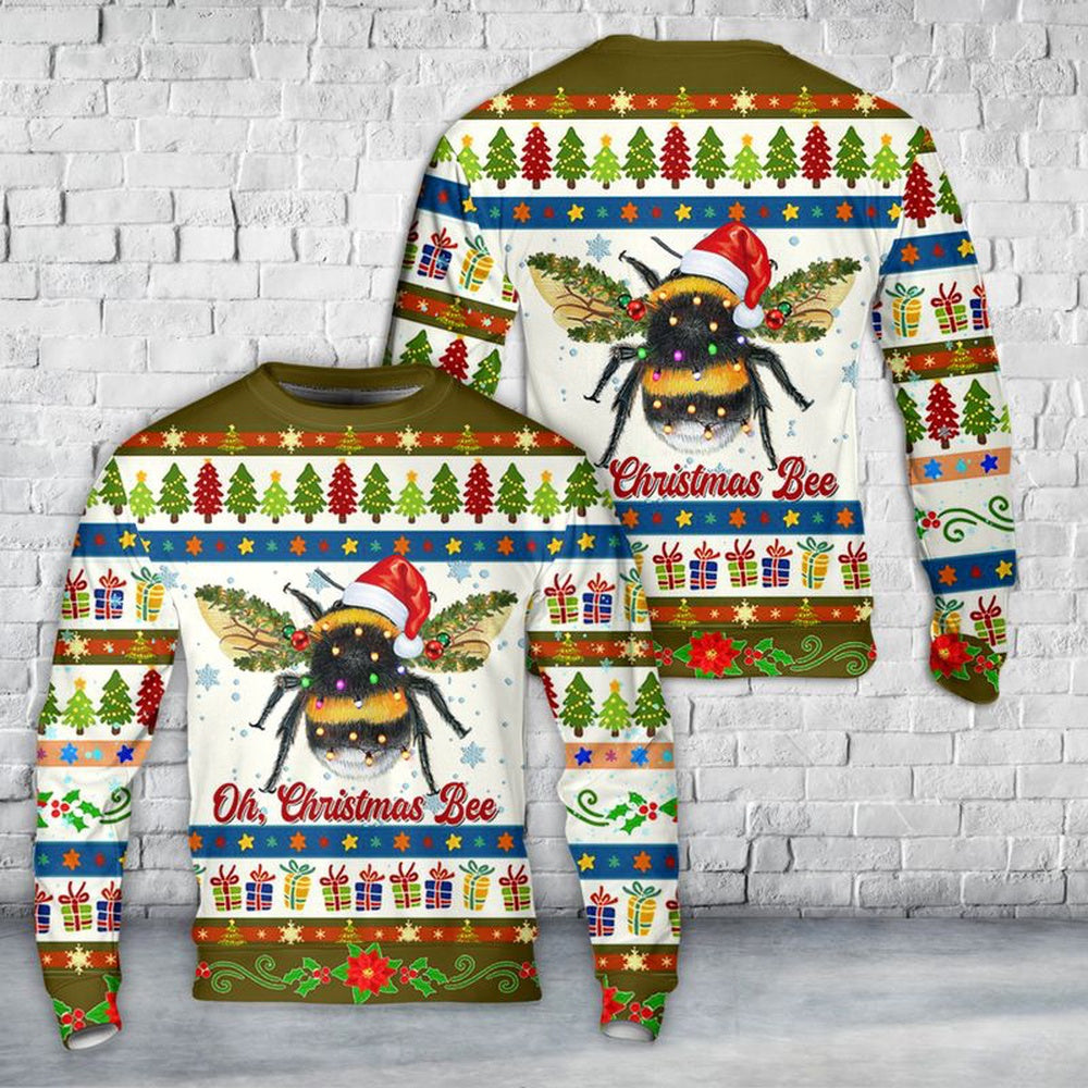 Oh Christmas Bee AOP Sweater, Christmas Ugly Sweater, Sweater Xmas, Ugly Sweater