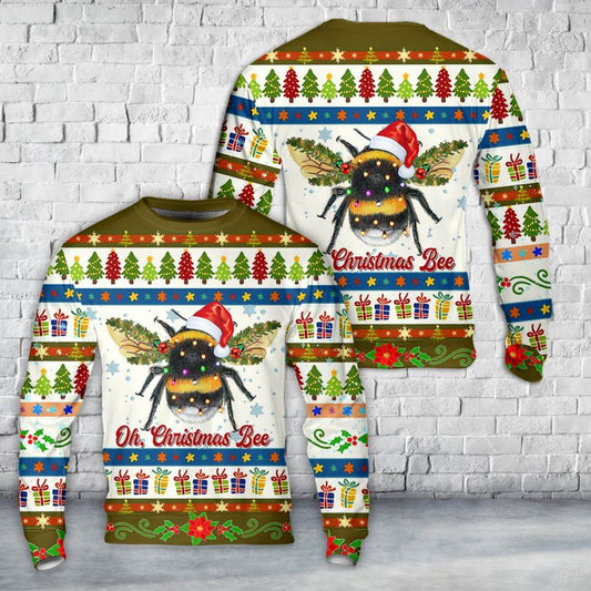 Oh Christmas Bee AOP Sweater, Christmas Ugly Sweater, Sweater Xmas, Ugly Sweater